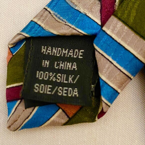 Milano Silk Neck Tie Multicolor Geometric Diagonal Triangles Horizontal Stripes - Picture 6 of 6